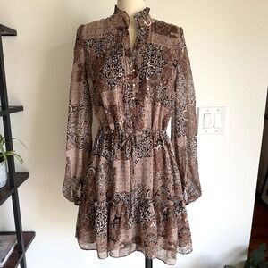 House Of Harlow 1960 Boho Chiffon Long Sleeve Peasant Mini Dress-Patchwork-Sze 4
